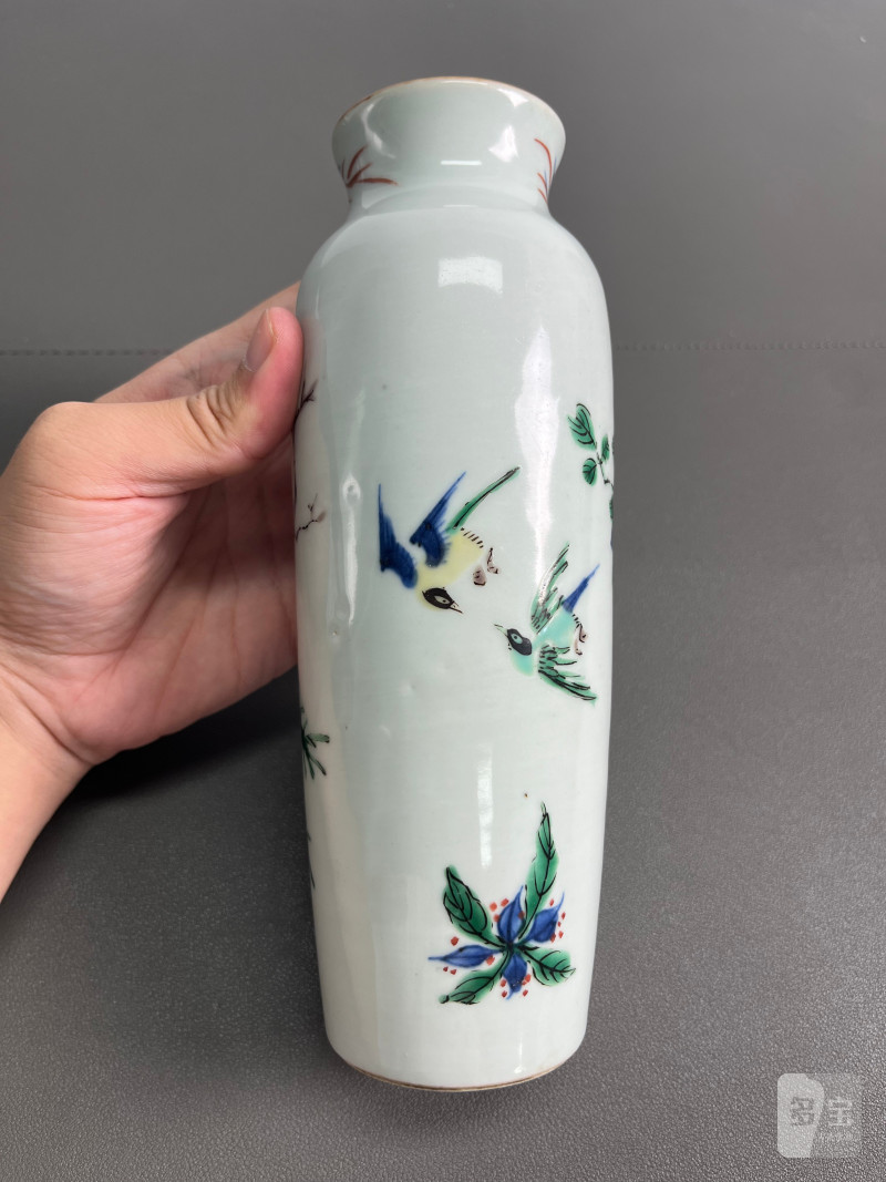 清顺治  青花五彩花鸟纹筒瓶 - 图7